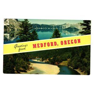 Greetings From Medford Oregon Postcard Crater Lake Roadside Attraction Mountains
